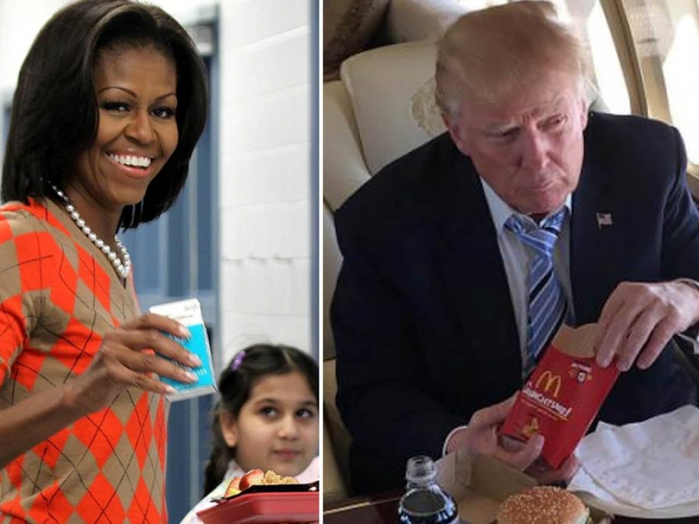 Mišelė Obama pasirūpino, kad vaikų lėkštės būtų pilnos daržovių. Donaldas Trumpas skundžiasi, kad šios keliauja tiesiai į šiukšlinę, o ir vaikai nepavalgo. Todėl siūloma leisti mokyklose tiekti gruzdintas bulvytes, picą. 